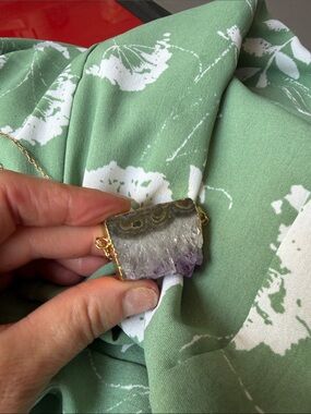 Gold-Trim Amethyst Druzy Pendant Necklace - Long Gold Chain One of a Kind